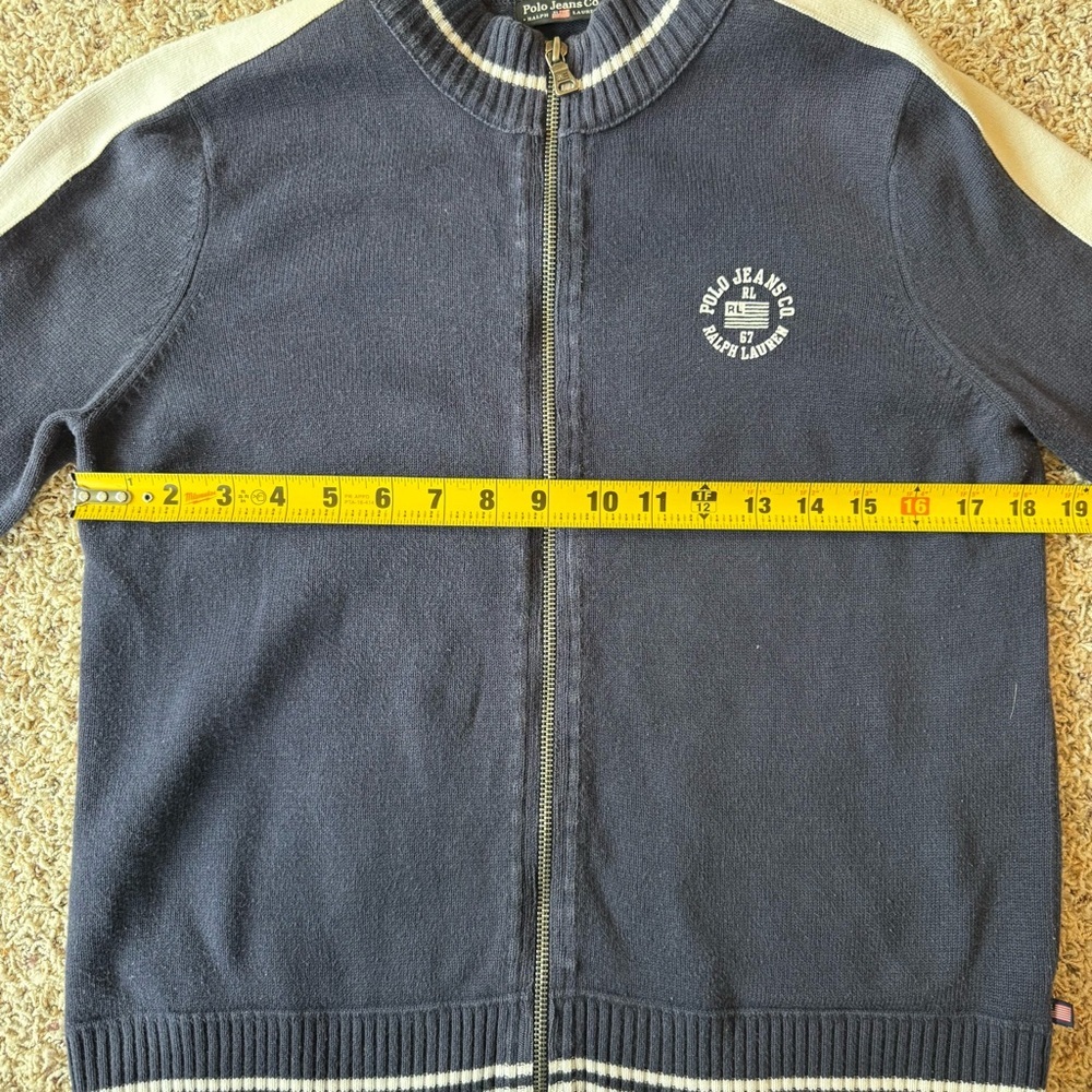 Vtg Polo Jeans Ralph Lauren Sweater Womens Full Zip Varsity Stripe Medium Navy - Picture 7 of 13